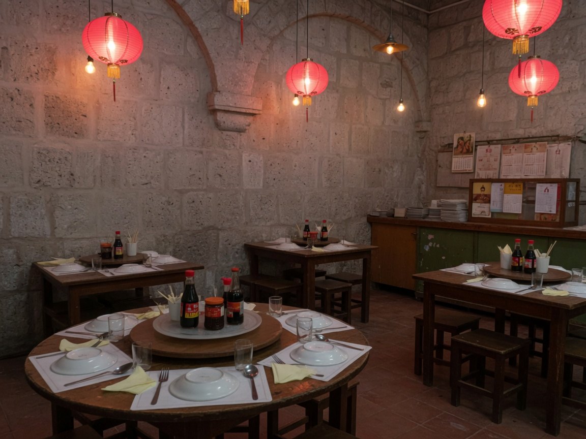 Interior de Chifa Yuan Fen, mesas y faroles